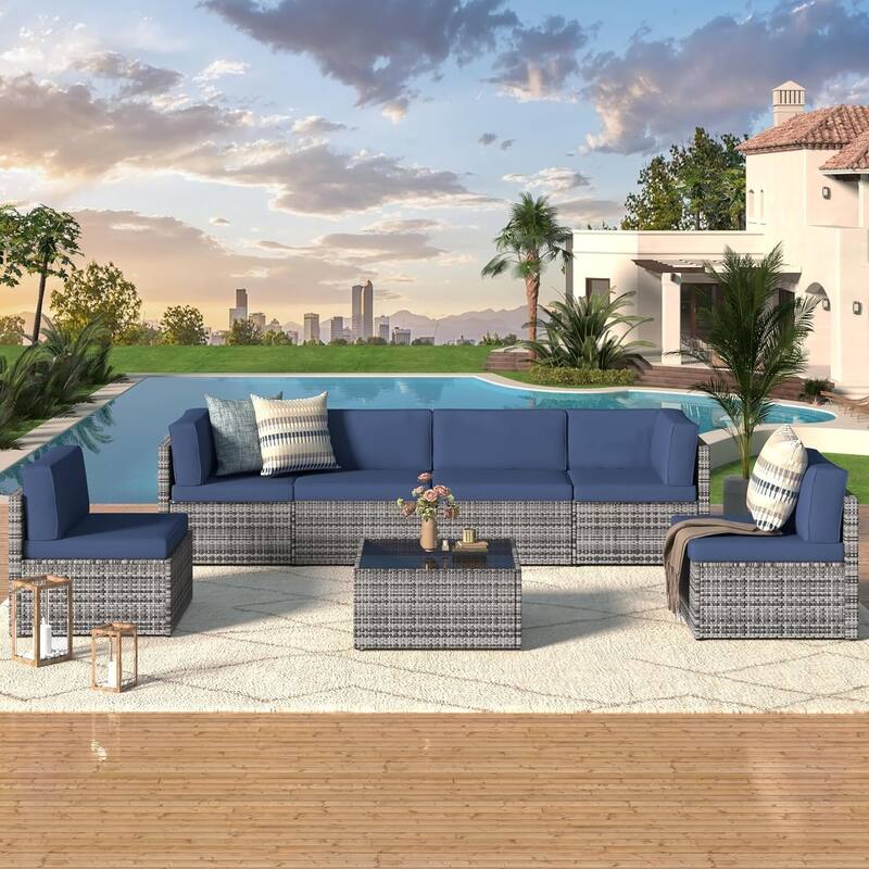 AECOJOY 7 Piece Outdoor Patio Furniture Set, PE Rattan Outdoor Wicker Sectional Furniture Chair Set with Cushions and Tea Table - Navy&Grey Rattan