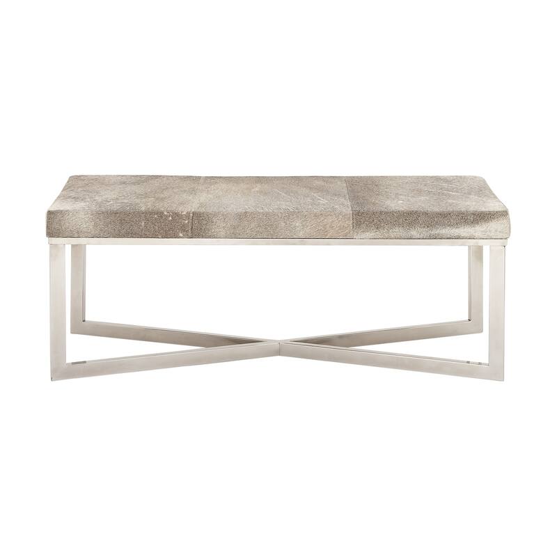 Leather Handmade Cowhide Bench with Silver Metal Base - Gray - Roche River Decor - 17"Wx49"Lx19"H