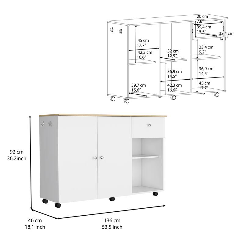 Kitchen Island cart, Six carter, One Drawer, Double Door Cabinet, Two External Shelves, Four Interior Shelves, White / Pine