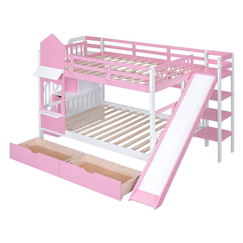 Pink Full-Over-Full Castle Bunk Bed with Drawers, Shelves, and Slide
