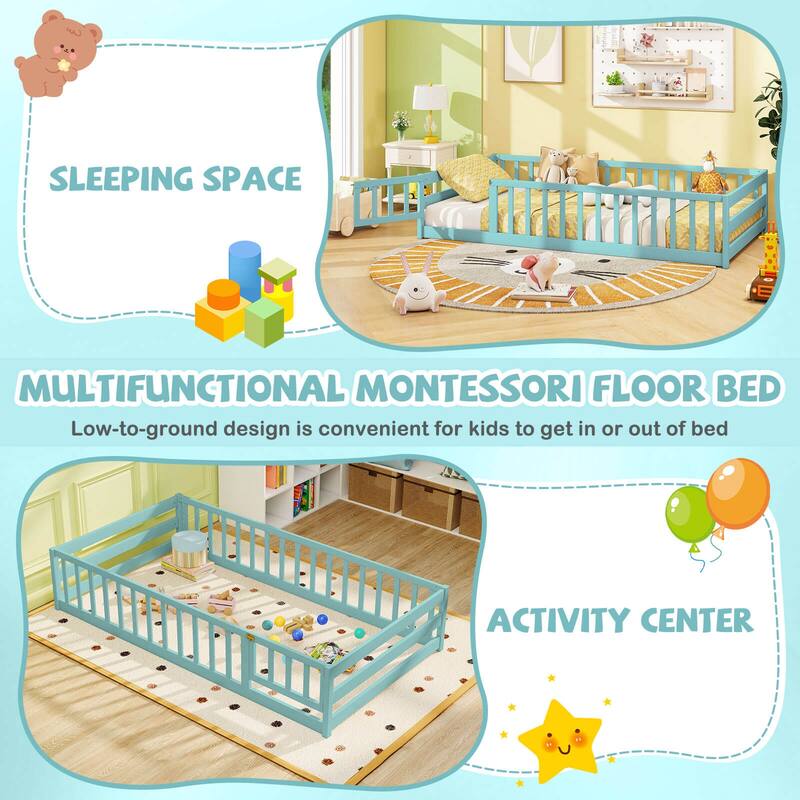 Costway Twin Size Floor Bed with Door & Fence with Safety Guardrails &