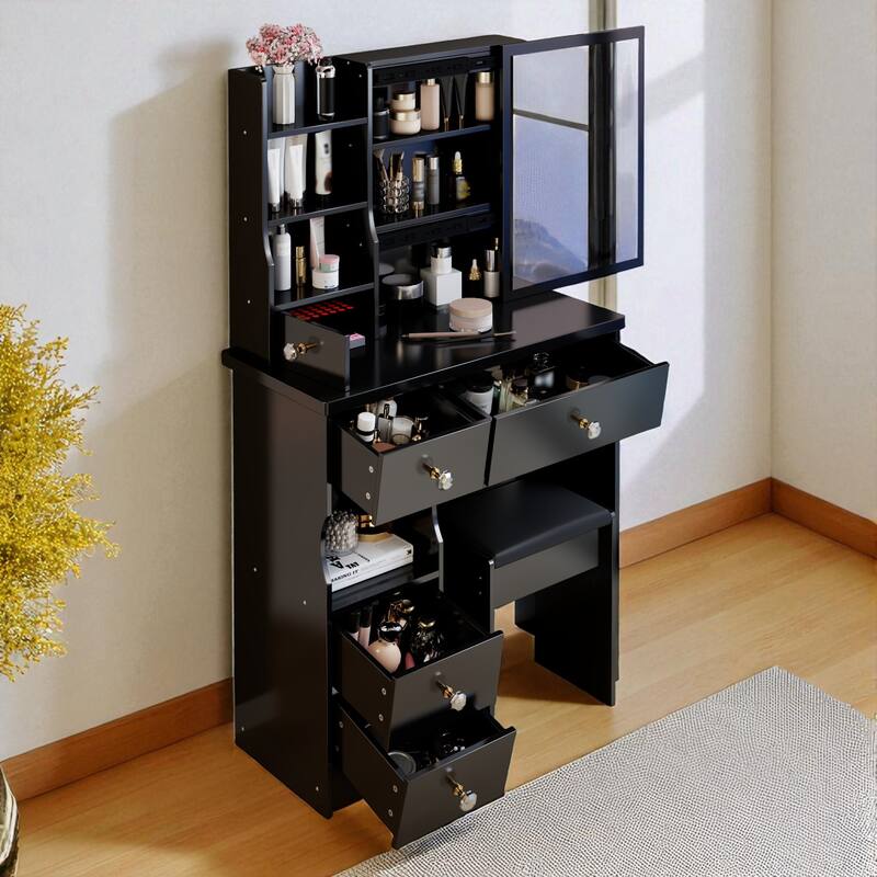 Small Vanity Desk with Sliding Mirror and Stool, Compact Makeup Table with Drawer and Storage for Small Spaces