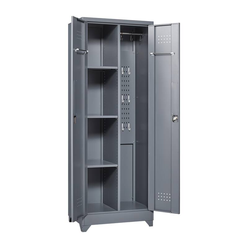 Cleaning Tool Storage Cabinet With Locking Doors And Shelves, Hanging Rod & S-Hooks