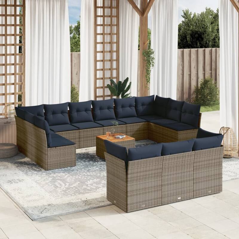vidaXL Patio Sofa Set with Cushions Outdoor Furniture 14 Piece Poly Rattan - 24.4x 24.4x 27.2 - Grey