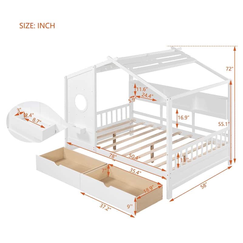 Full Wooden House Bed with Roof, Drawers, and Shelf