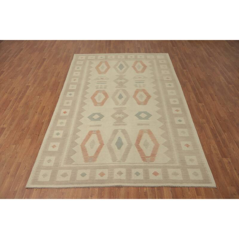 Hand Woven Southwestern Wool Beige Geometric Area Rug - 9' 10'' X 6' 7''