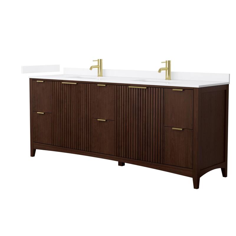 Wyndham Collection WCF9191-84D-QTZ-UNSMXX Palmilla 84" Free Standing - Dark Walnut / White Quartz Top / Brushed Gold