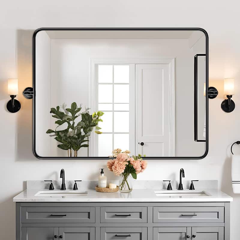 Rectangle Bathroom Tilting Vanity Wall Pivot Mirror, with Rounded Corner Design - 30x40 - Black