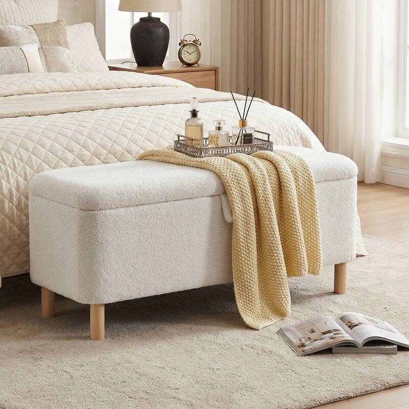 Upholstered Storage Ottoman Bench with Large Hidden Storage Fabric End of Bed Bench - Cream
