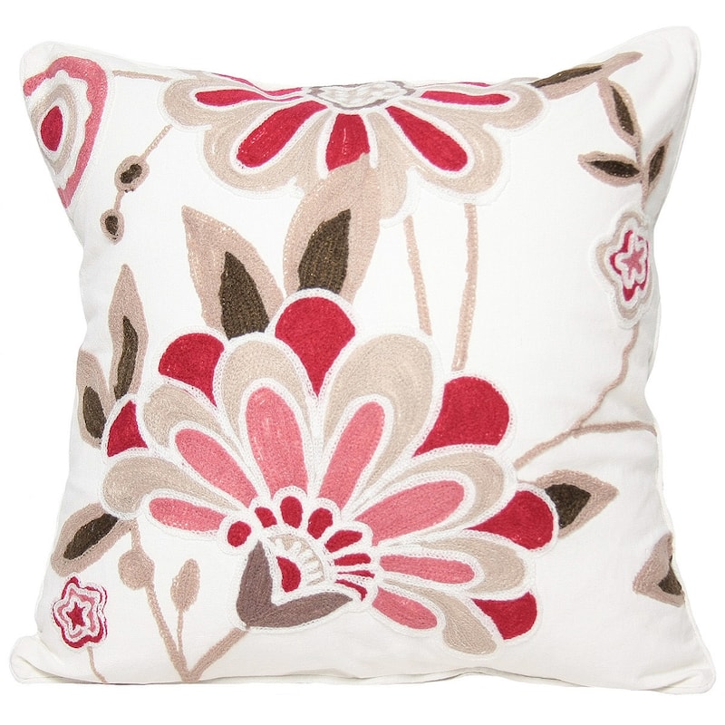 HomeRoots 18"x18" Rose and White 100% Cotton Floral Zippered Pillow