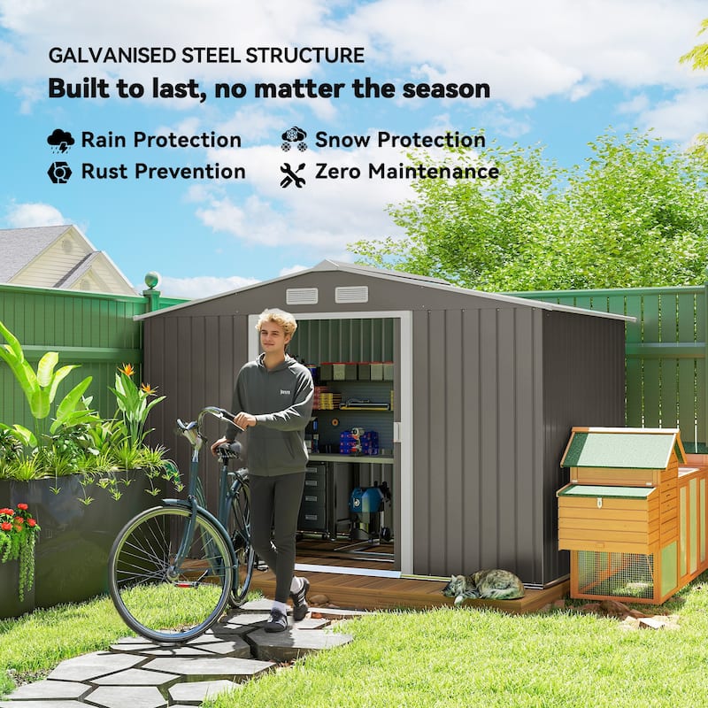 Outsunny 9' x 6' Outdoor Storage Shed, Garden Tool Metal Shed with Foundation Kit, Double Lockable Door