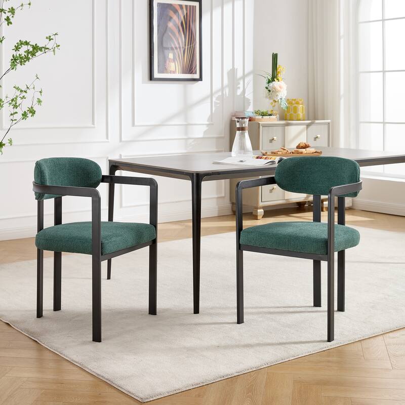 Mid-Century Modern Dining Chairs Set of 2 - Boucle Upholstered Seats with Black Metal Legs‌