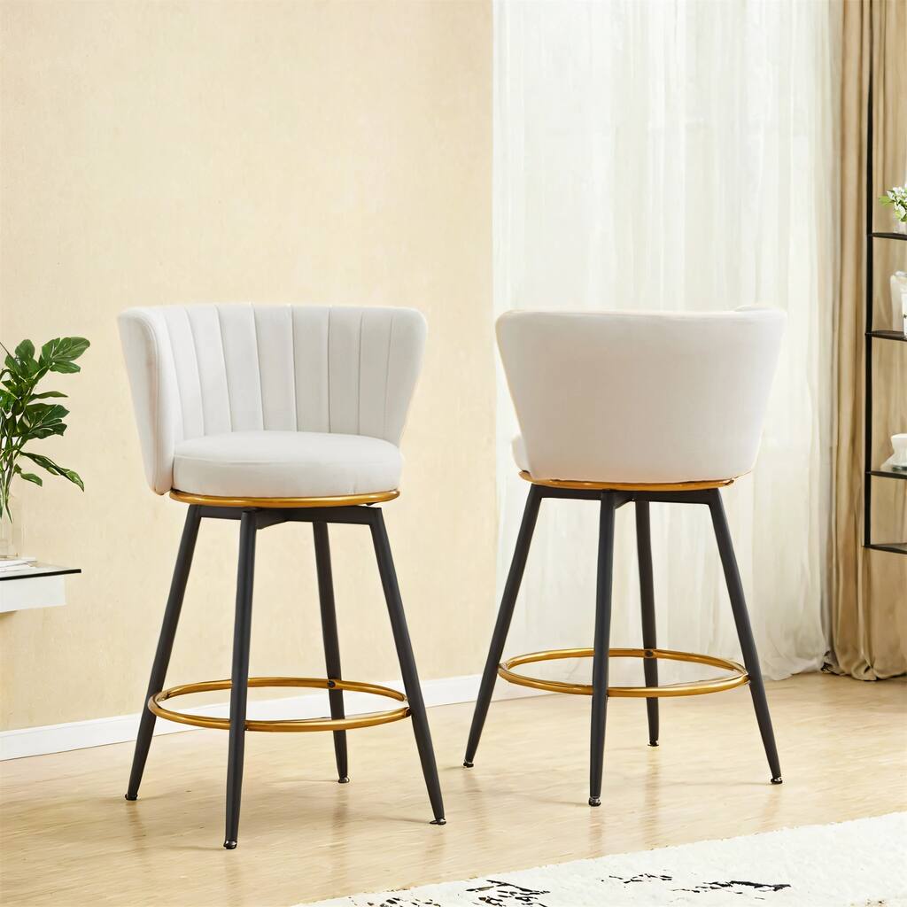 Counter Height Bar Stools Set of 2, 360° Swivel Upholstered Barstools with Backs and Metal Legs.