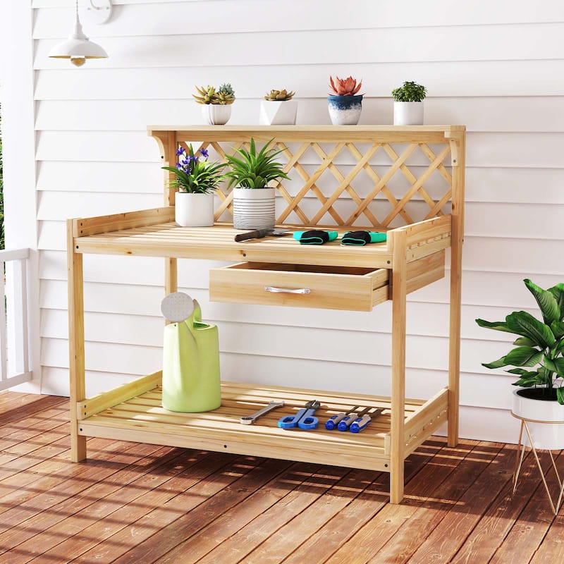 Gymax Garden Potting Bench Table w/Lattice Trellis Removable Drawer