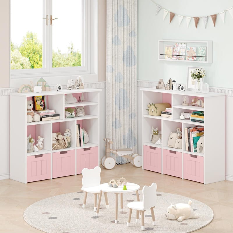3-Tier Toy Storage Cabinet and Bookcase, Multi Shelf with Cubby Organizer Cabinet
