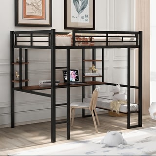 Black Full Size Metal Loft Bed with Long Desk and Shelves for Kids