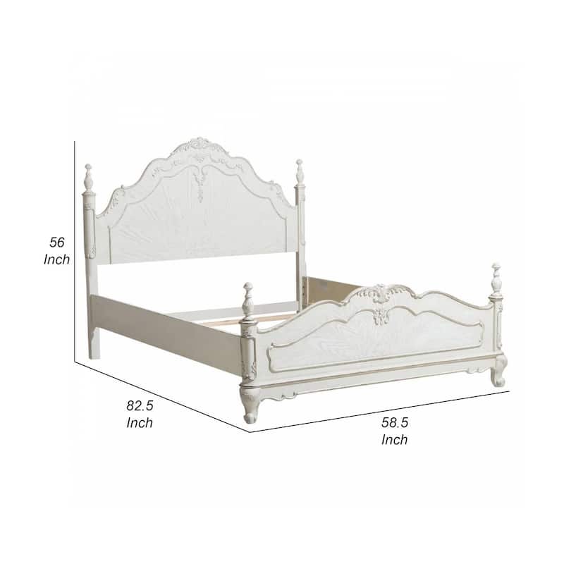 Princess Full Size Bed, Floral Motif Carvings, Finial Accents Antique White