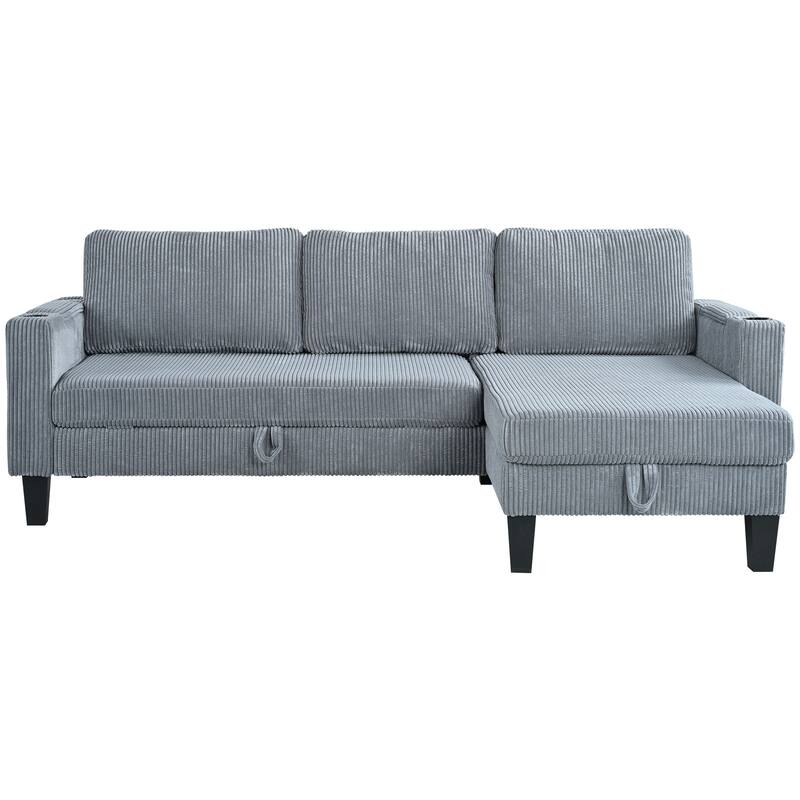 Convertible Sectional Sofa with L-Shaped Storage Chaise, Corner Sofa with Cup Holder & USB Ports, Corduroy Fabric Sleeper Sofa