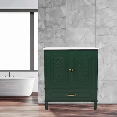 30" Bathroom Vanity with Smooth Ceramic Sink, Adjustable Shelf, Vintage Style with Door Shelf and Drawer
