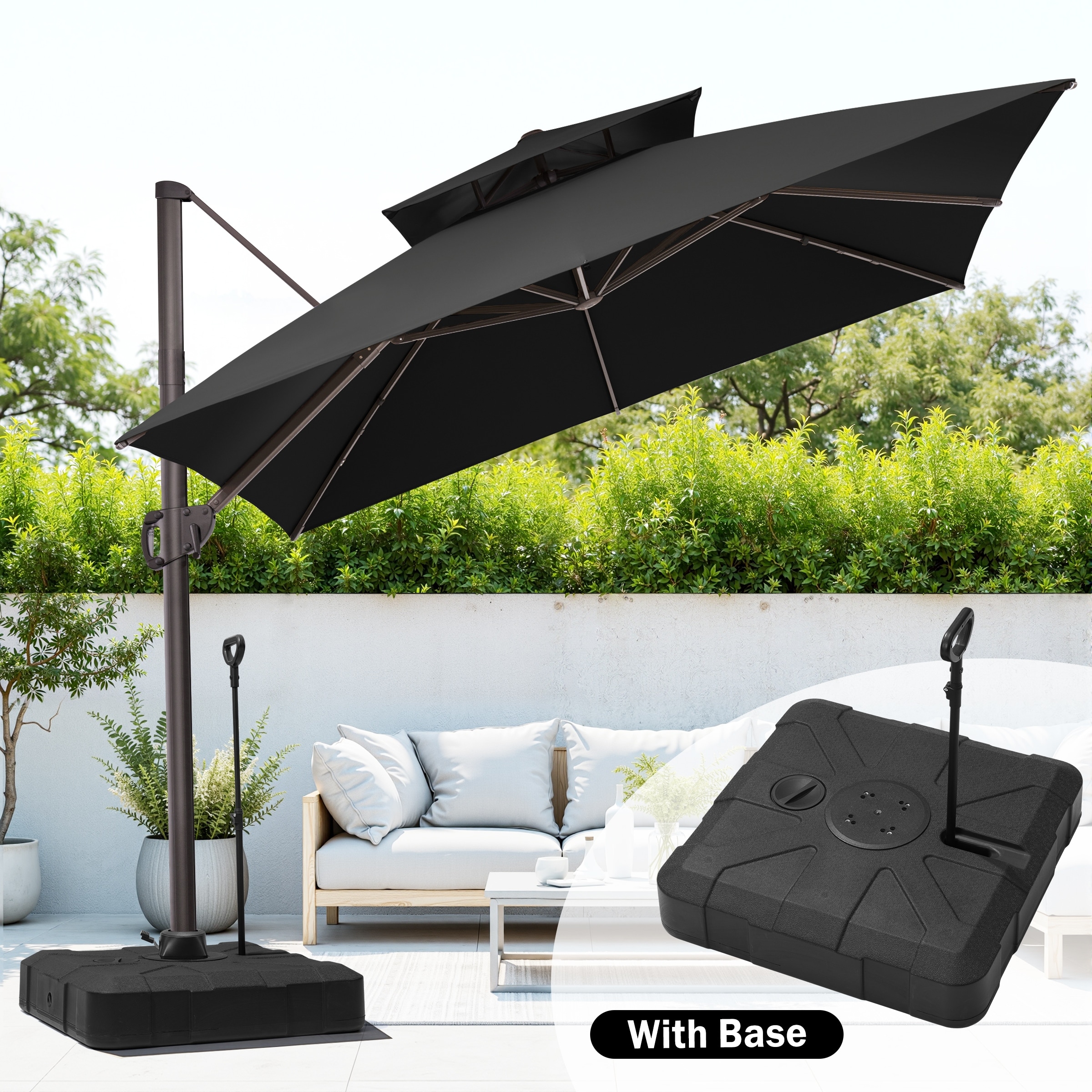 Outdoor 10FT Square Aluminum Patio Cantilever-Offset Umbrella 360° Rotation with 350 lbs Base