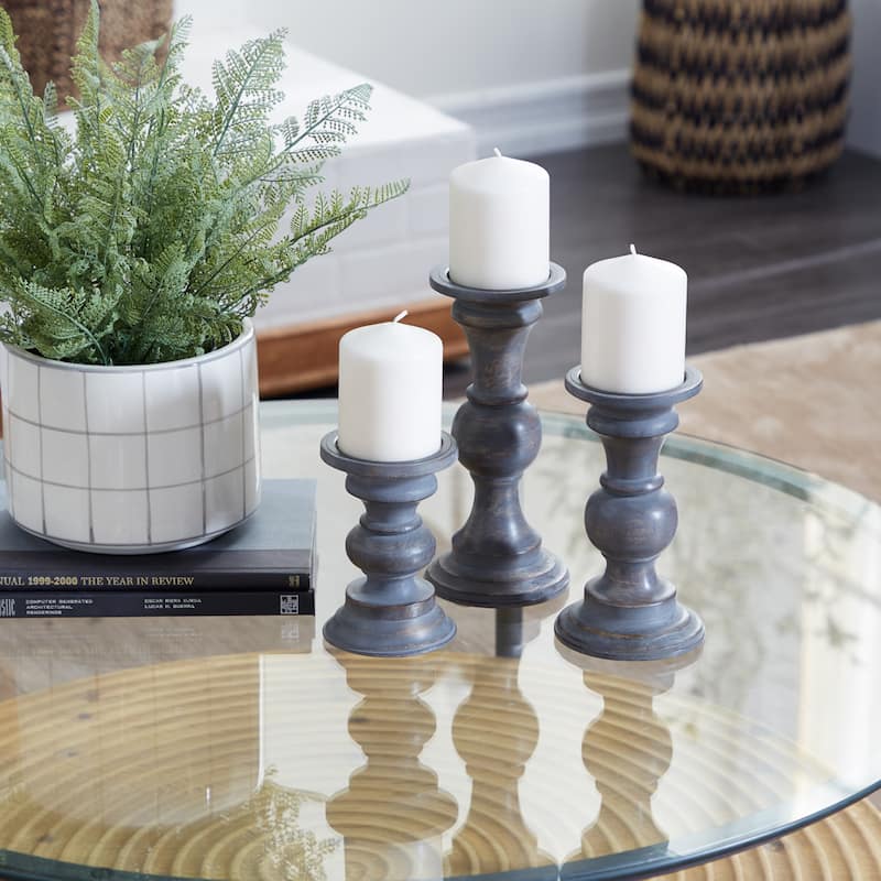 Wood Country Cottage Candle Holder (Set of 3) - 6", 8", 10"H - Dark Brown
