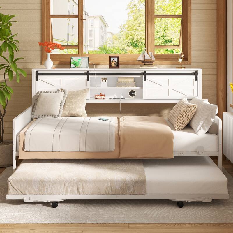 Farmhouse Twin Daybed with Pop-up Trundle Bed and Charging Station，Sofa Bed Frame with Bookcase Headboard with 2 Sliding Doors