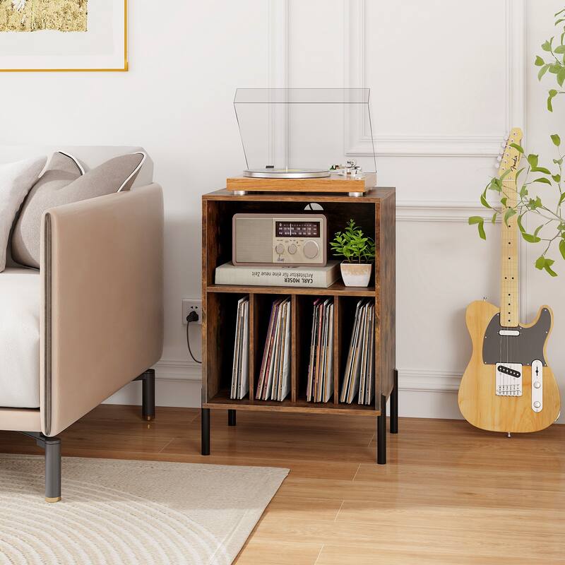 Gymax Record Player Stand w/Charging Station 5 Storage Compartments