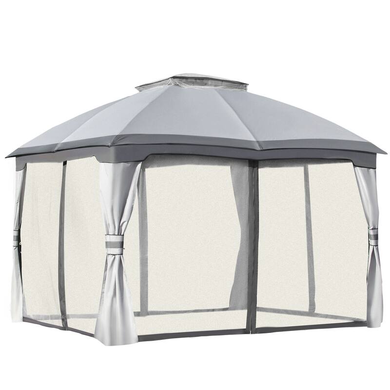 GDFStudio - 10'x12' Patio Gazebo Canopy Shelter with Double-Tier Roof, Mesh Walls & Corner Curtains