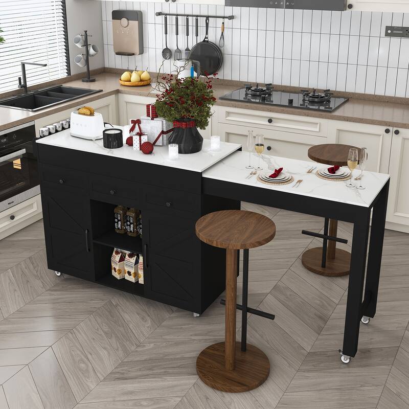 Anmytek Expandable Kitchen Island Cart,Black Storage Mobile Prep Station with Outlets Modern