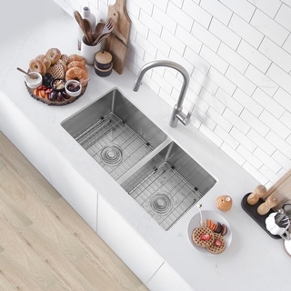 STYLISH 33 inch Stainless Steel 16G Double Bowl Undermount Kitchen Sink - Brushed Stainless Steel - 33" x 18" x 10"