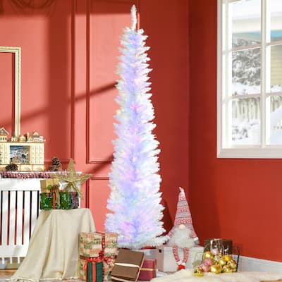HOMCOM 6ft Tall Pencil Prelit Artificial Christmas Tree Holiday Décor with 360 Colorful Surface Branches, White - 5.89 ft