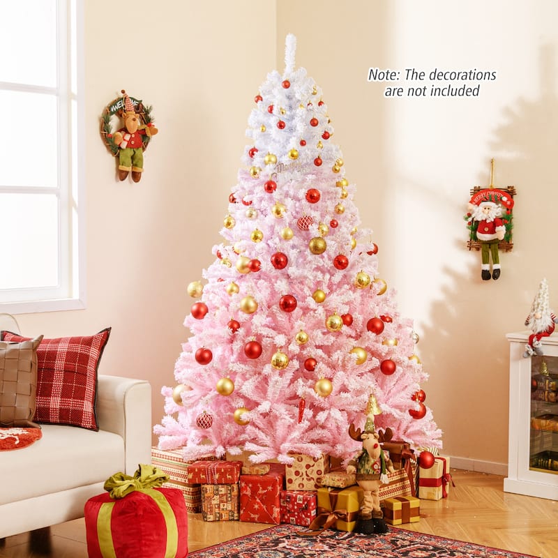 Gymax Artificial Christmas Tree Hinged Snow Flocked Xmas Tree w/ Lush - Pink, White