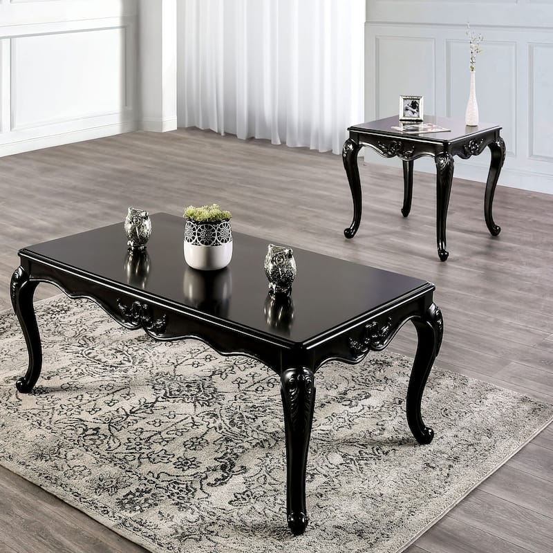 Furniture of America Clarissa Traditional Solid Wood 2-Piece Coffee Table and End Table Set with Carved Legs - Black