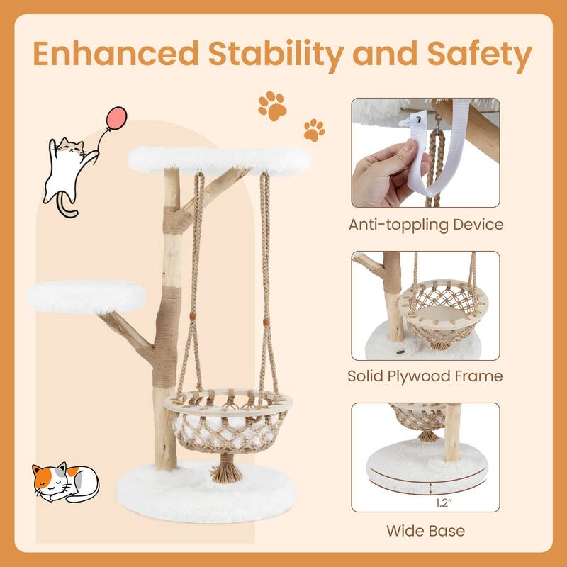 Costway 48.5” Solid Wood Cat Tree with Hanging Cradle Jute Scratching - as pic shows - See Details