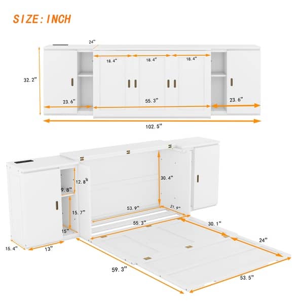 dimension image slide 3 of 4, Murphy Bed with Shelves, Cabinets and USB Ports