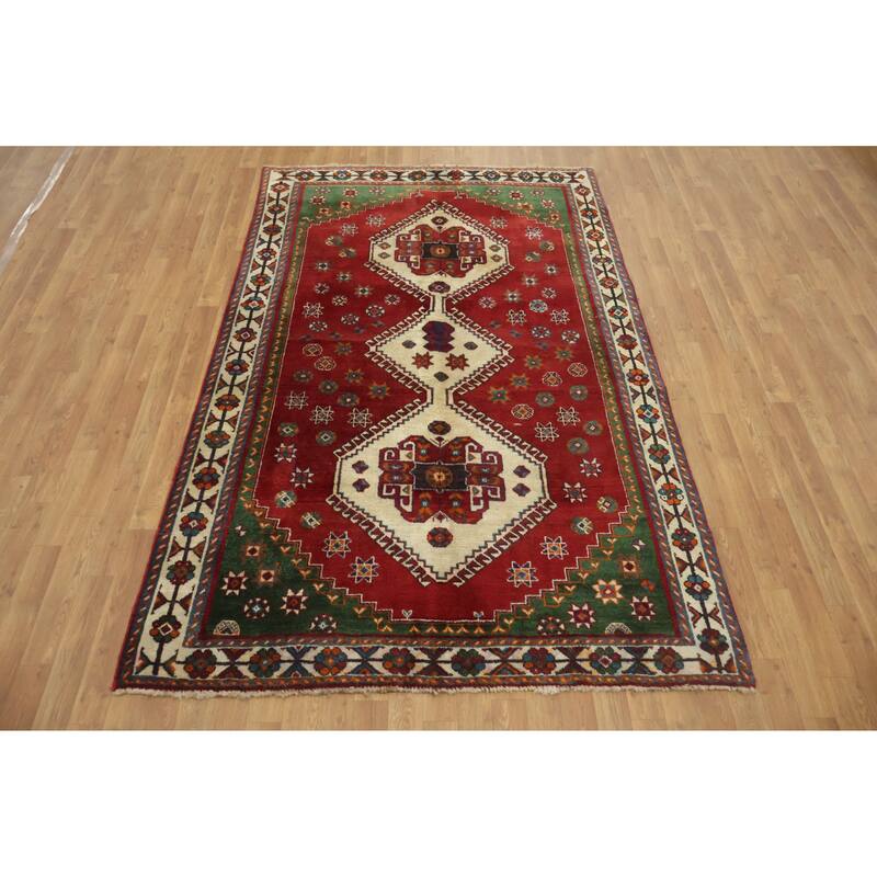 Hand Knotted Oriental 100% Wool Carpet Traditional Tribal Red Shiraz Area Rug - 8' 1'' X 5' 2''