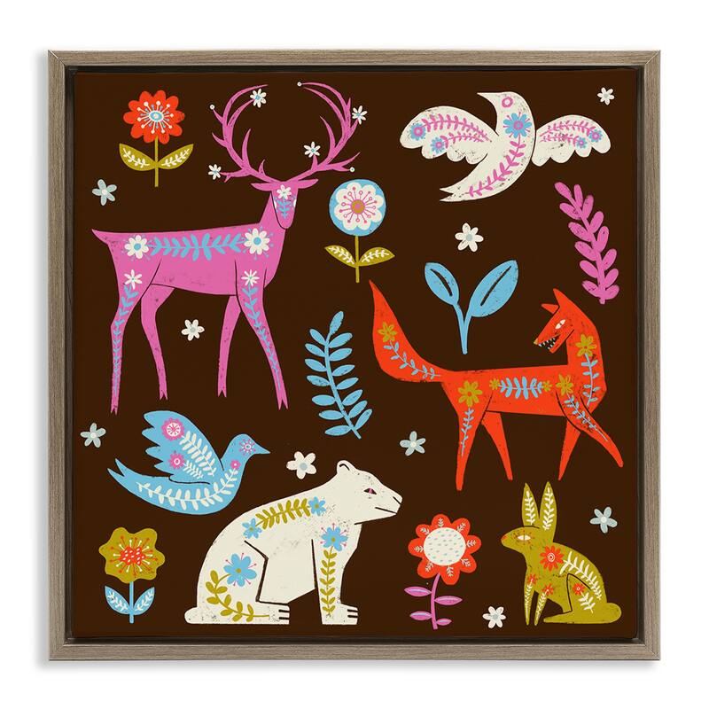 Stupell Forest Folk Animals with Florals Framed Floater Canvas Wall Art Design By Hannah Moren - 25 x 25 - Brown