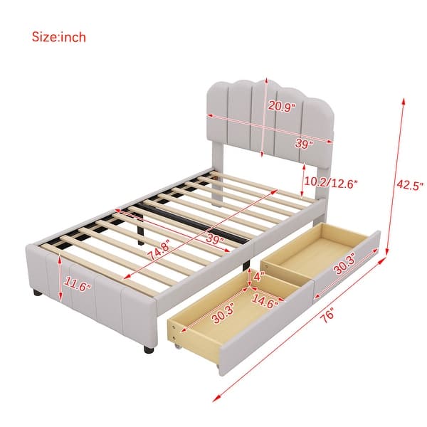 dimension image slide 1 of 2, Twin Size Upholstered Bed With 2 Storage Drawers,Wood Slat Support