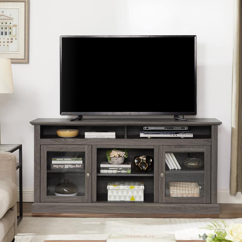 60-Inch Brown TV Stand with Glass Doors, Adjustable Shelves, and Cable Management for 65-Inch TVs - Black + Dark Walnut