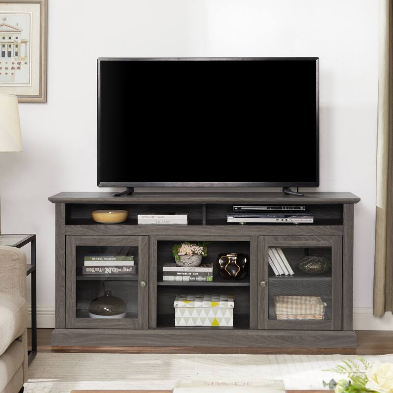 TV Stand for up to 65'' TVs, Farmhouse Entertainment Center with Glass Doors