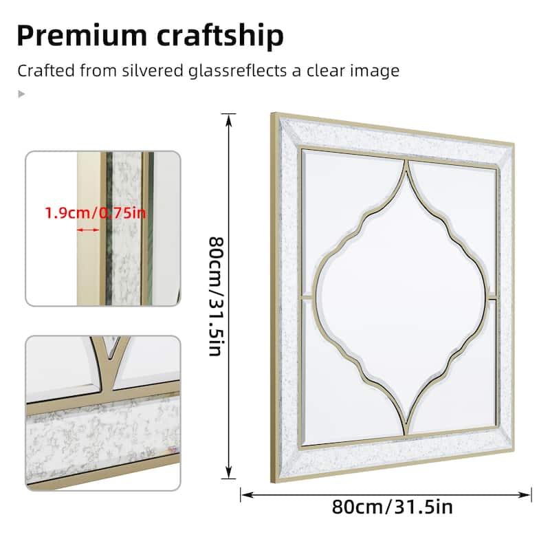 Square Wall Silver Glass Decorative Accent Mirror Golden Rim