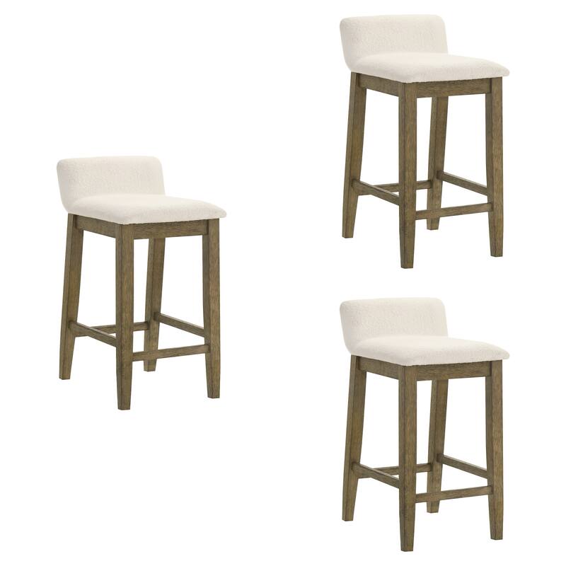 Annikah Low-Back Boucle Bar Stool, Counter Height Kitchen Barstool with Wood Legs - Set of 3 - Putty Brown - Counter Height