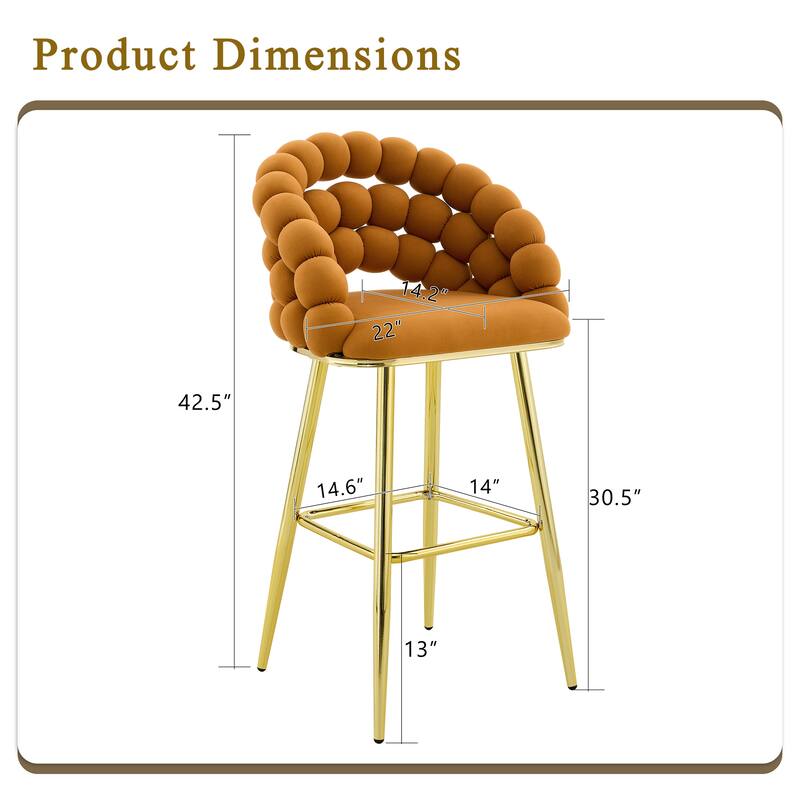 Set of 2 Puffy Bubble Chair Ball Chain Chair Velvet Bar Stools with Gold Legs, Modern Tufted Accent Bar Chairs