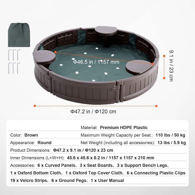 Brown HDPE Round Sandbox with 3 Corner Seating and Bottom Liner Perfect Gift for Kids - 47.2” x 47.2” x 9.1”