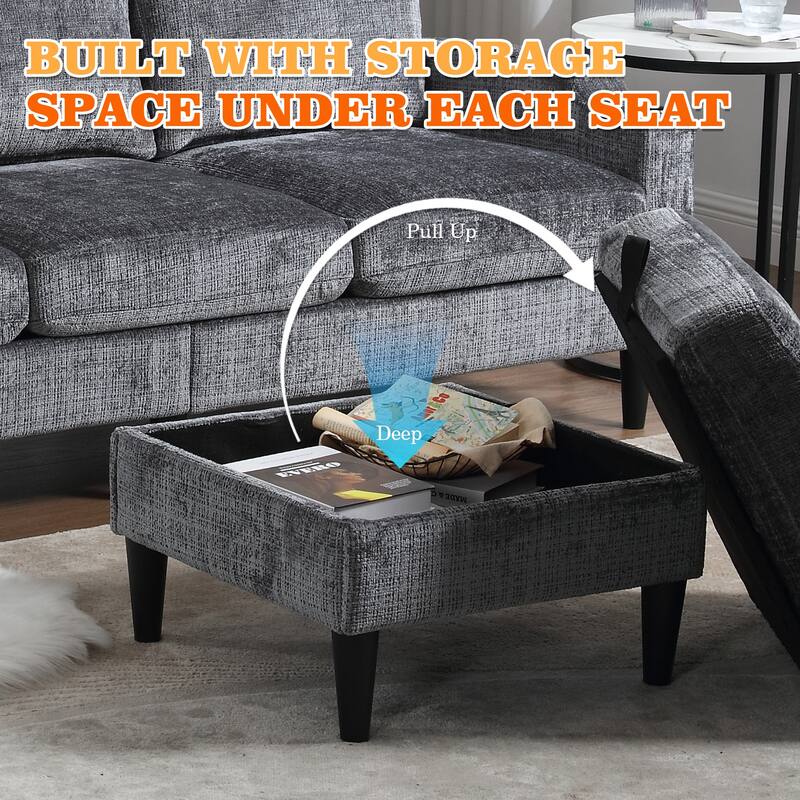 HOMEFUN Chenille Upholstered L-Shaped Living Room Sofa with Storage Ottoman