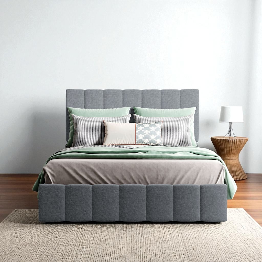 Full/Queen Upholstered Platform Bed with Hydraulic Lift Storage, Linen Headboard and Slats