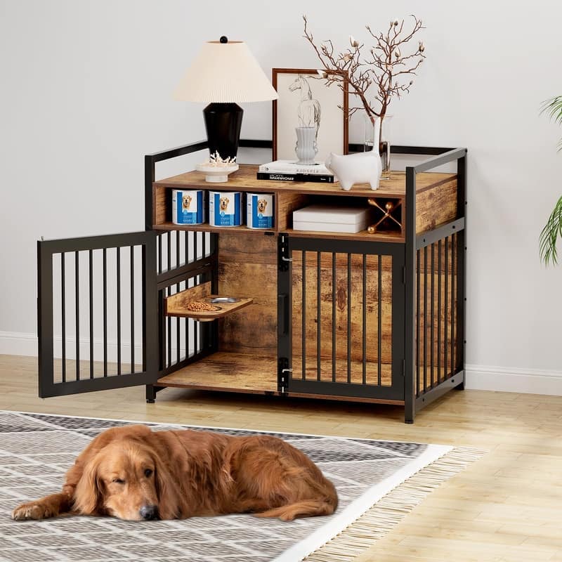Heavy Duty Dog Crate Kennels Storage Furniture With Adjustable Raised Feeder