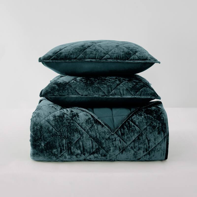 Beaute Living Diamond Velvet 3 Piece Quilt Set - Dark lake blue1 - Full - Queen