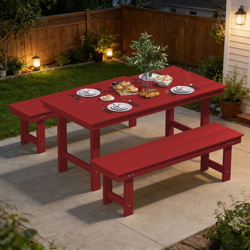 3-Piece HDPE Outdoor Dining Set with Umbrella Hole Table and Two 2-Person Benches