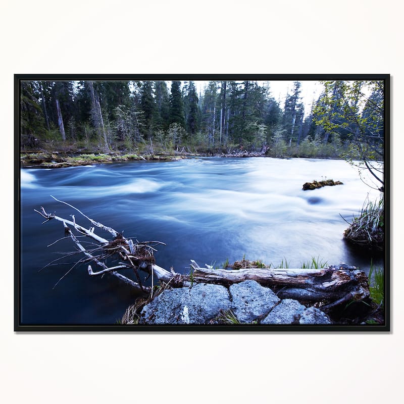 Designart "Blue River in Forest At Evening" Oversized Landscape Framed Canvas Art